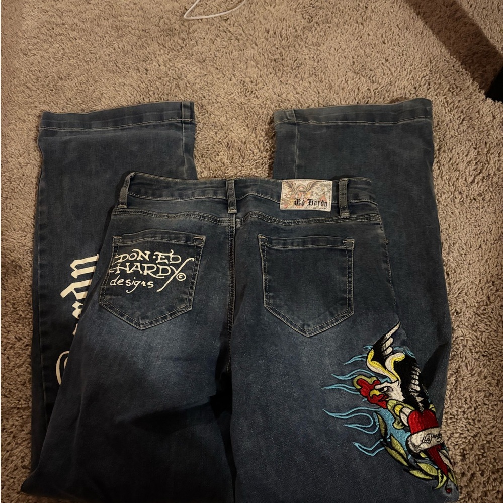 Ed Hardy Dark Blue Jeans with Colorful Eagle Design